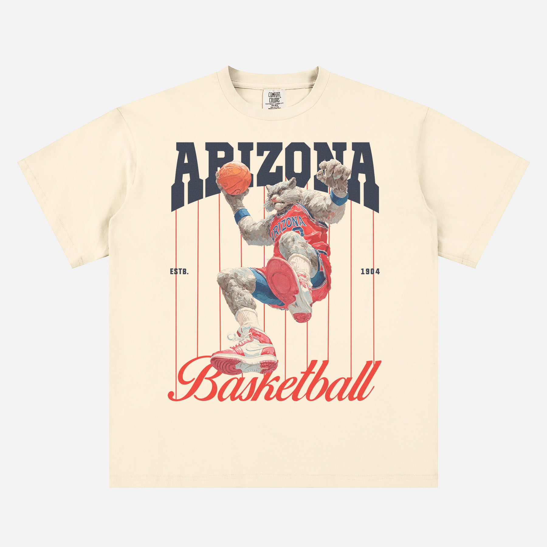 Arizona Wildcats College Basketball Pinstripes T‑shirt with vintage mascot graphic on a premium heavyweight off white tee.