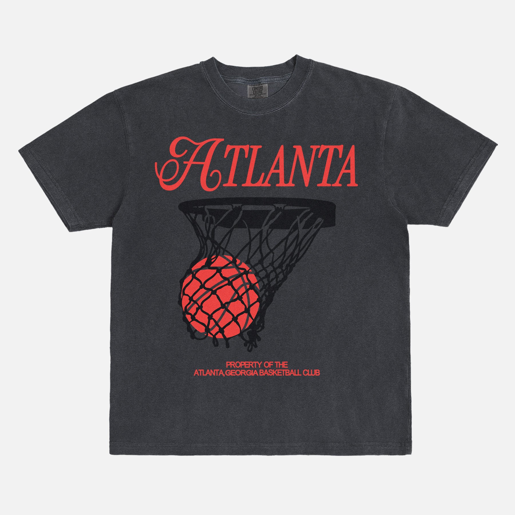 Retro Atlanta Hawks streetwear basketball graphic t-shirt with black and red vintage jersey lettering on a faded black Comfort Colors unisex shirt