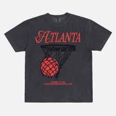 Retro Atlanta Hawks streetwear basketball graphic t-shirt with black and red vintage jersey lettering on a faded black Comfort Colors unisex shirt