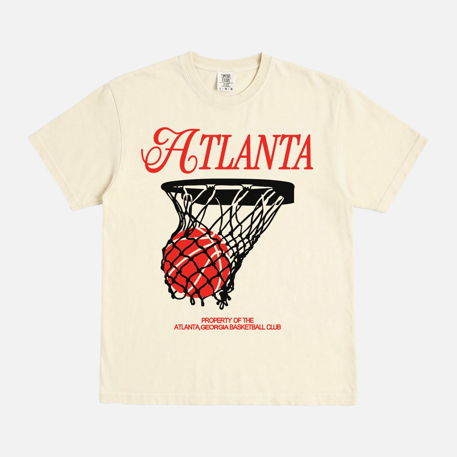 Retro Atlanta Hawks streetwear basketball graphic t-shirt with black and red vintage jersey lettering on a light beige Comfort Colors unisex shirt