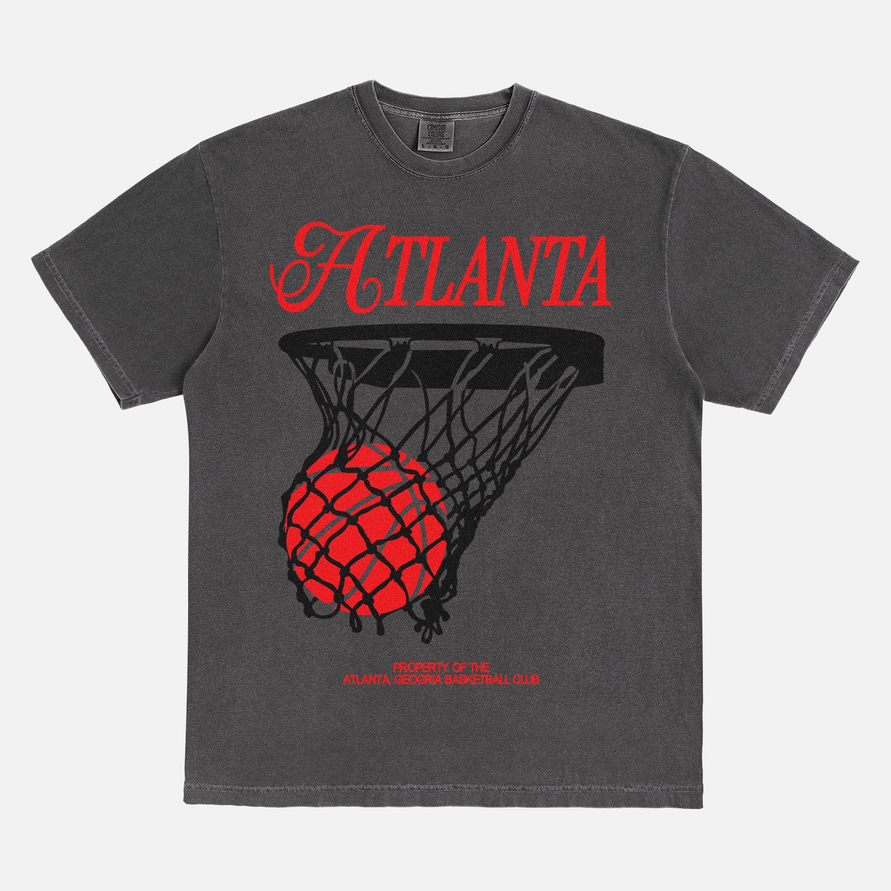 Retro Atlanta Hawks streetwear basketball graphic t-shirt with black and red vintage jersey lettering on a faded black Comfort Colors unisex shirt for sale at Throwbacks