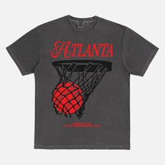 Retro Atlanta Hawks streetwear basketball graphic t-shirt with black and red vintage jersey lettering on a faded black Comfort Colors unisex shirt for sale at Throwbacks
