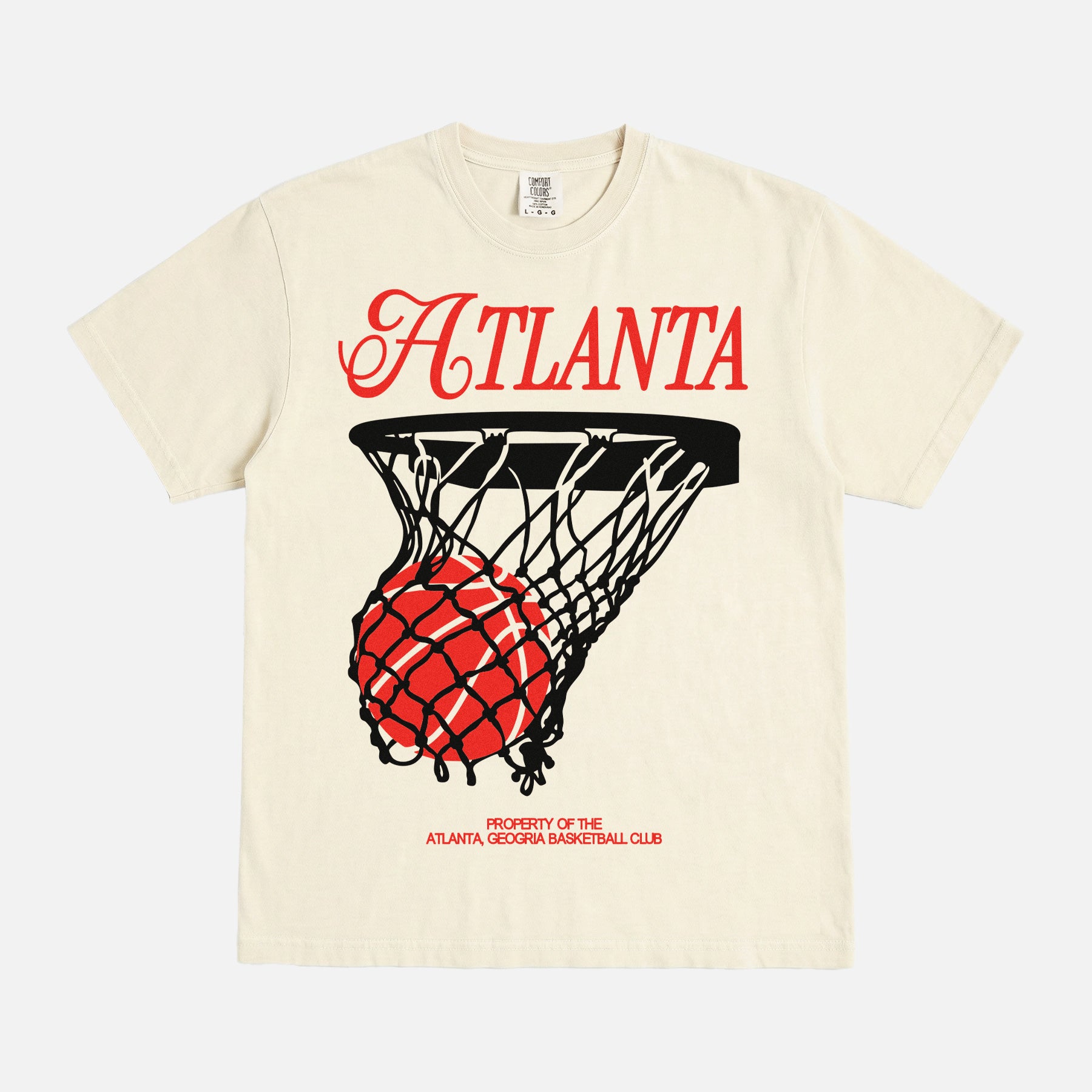 Retro Atlanta Hawks streetwear basketball graphic t-shirt with black and red vintage jersey lettering on a light beige Comfort Colors unisex shirt