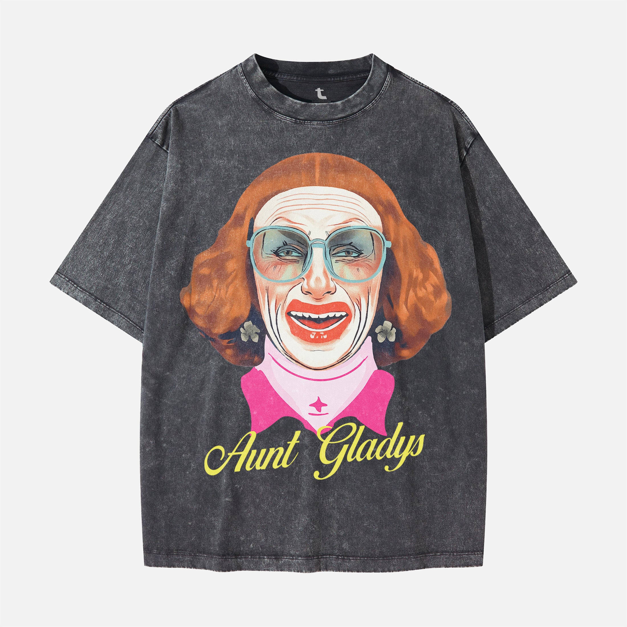 Aunt Gladys Weapons horror movie graphic t-shirt on distressed heavyweight black tee for men and women