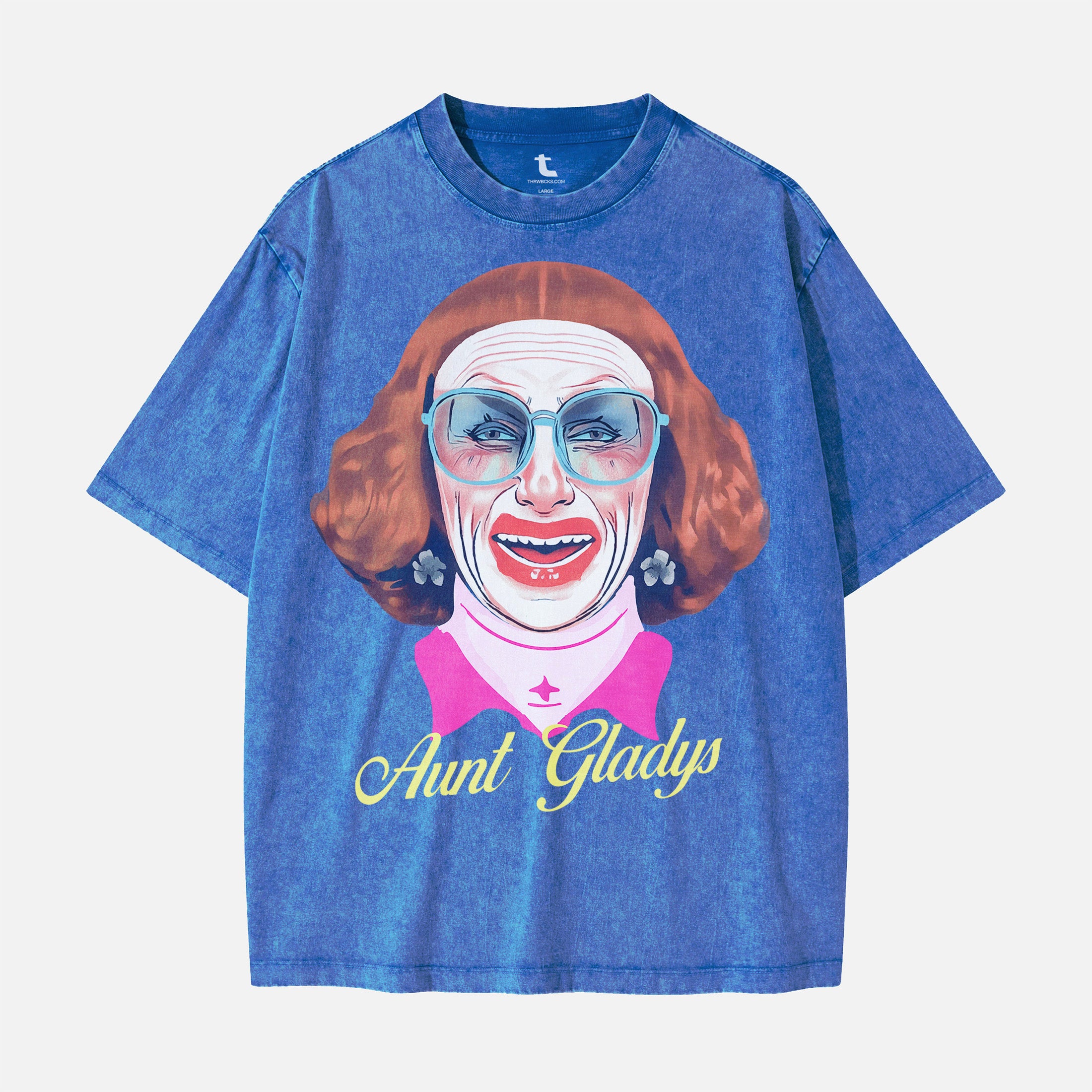 Weapons movie t-shirt apparel, grunge, aunt gladys portrait streetwear oversized distressed blue graphic tee