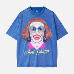 Weapons movie t-shirt apparel, grunge, aunt gladys portrait streetwear oversized distressed blue graphic tee