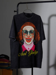 Aunt Gladys Weapons horror movie graphic t-shirt on distressed heavy duty black tee for men and women at Throwbacks