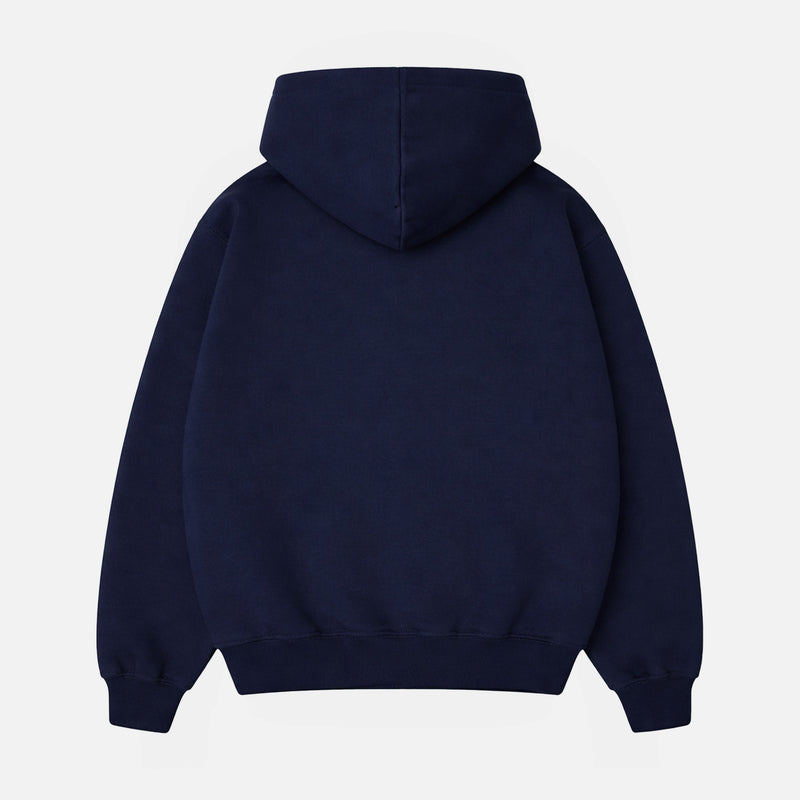 back of heavyweight navy blue hoodie sweatshirt for sale at Throwbacks