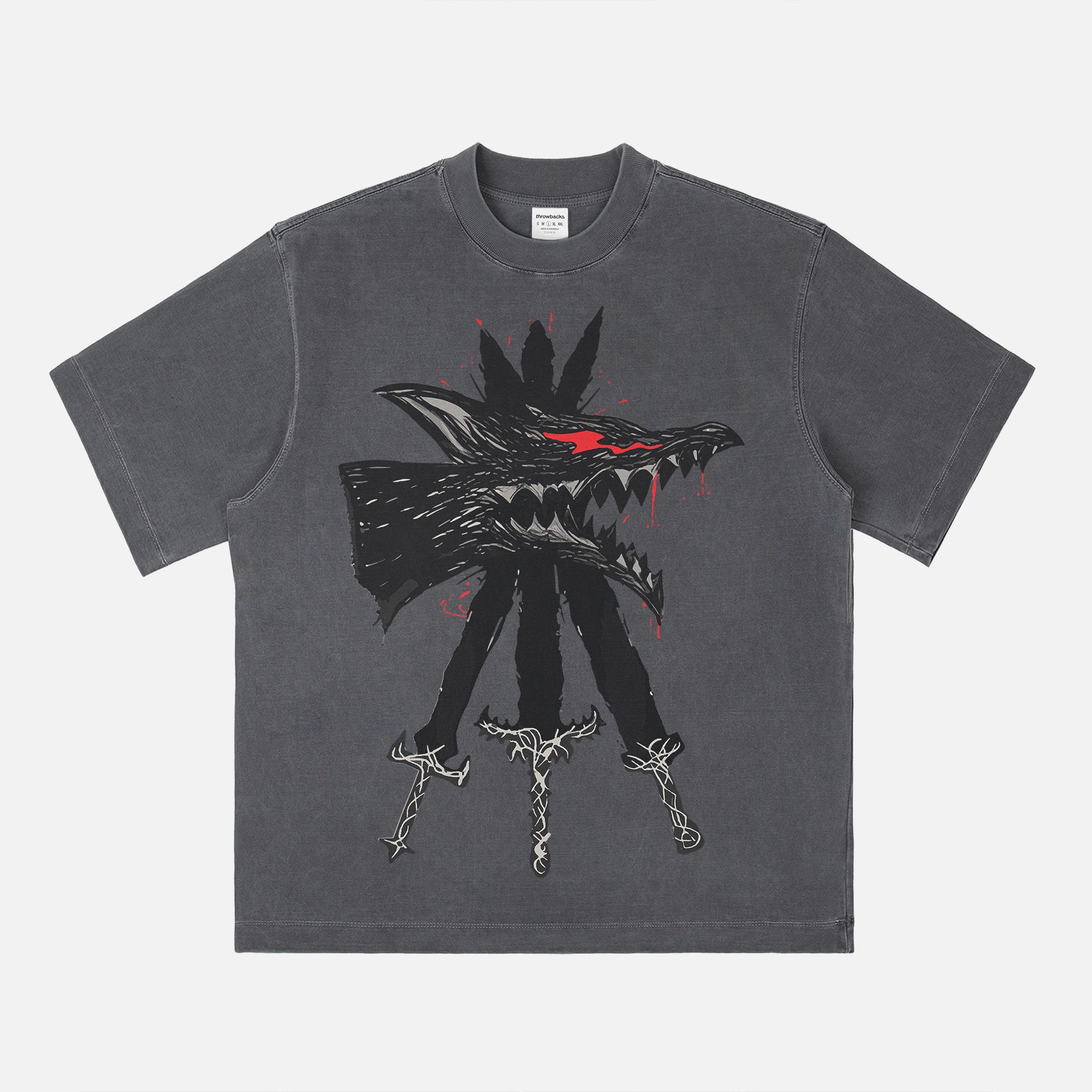 Berserk Beast of Darkness streetwear t-shirt on a faded black heavyweight anime graphic tee for men and women for sale at Throwbacks