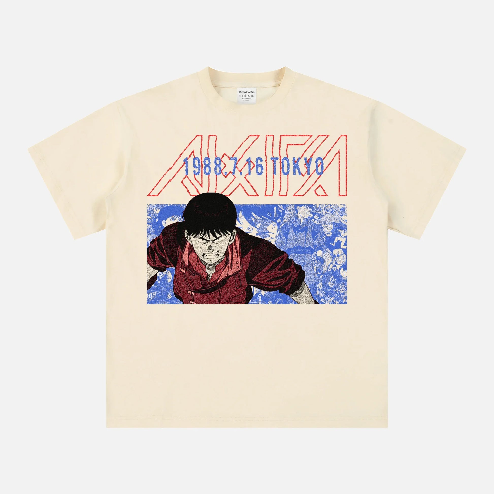 Modern 80s manga anime t-shirt with Neo-Tokyo Akira graphic on a solid beige t-shirt