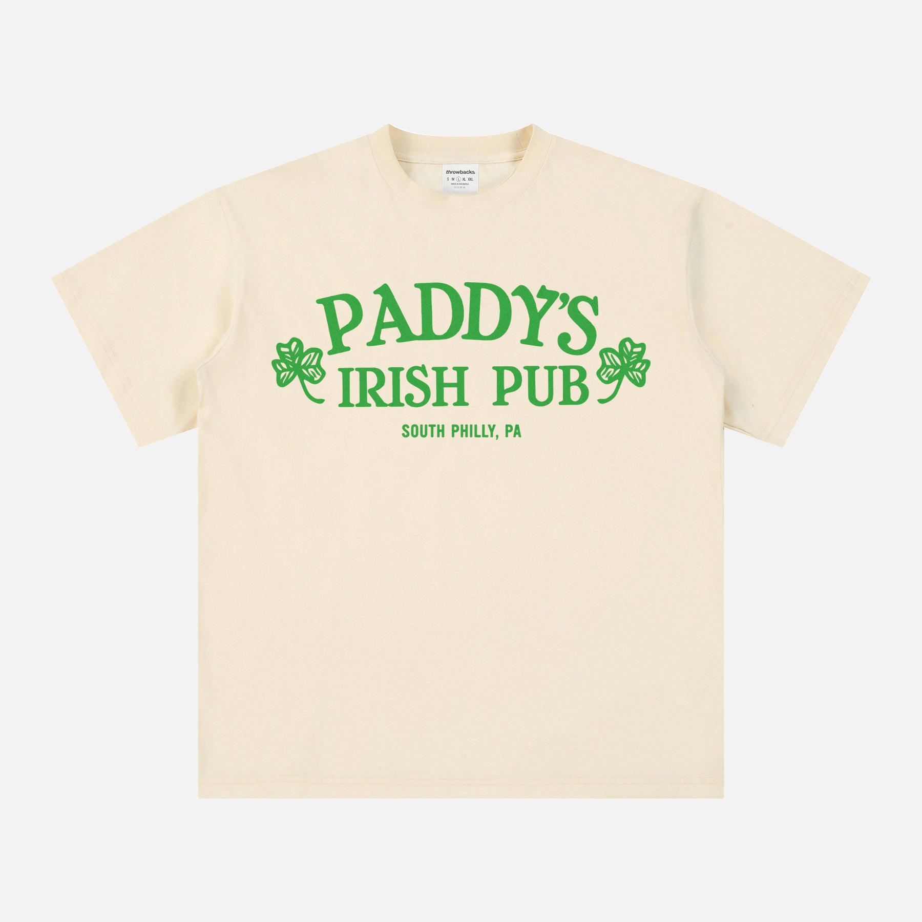 It's Always Sunny in Philadelphia beige and green Paddy's Irish Pub logo t-shirt for men and women for sale at Throwbacks