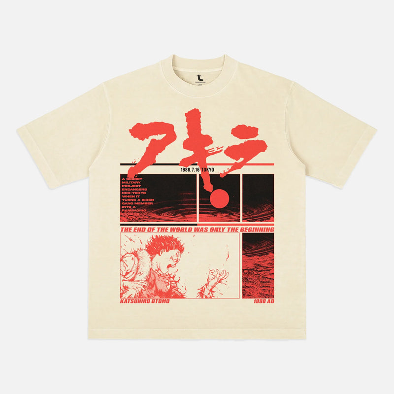 Akira graphic tee, grunge 80's manga anime faded off white and red oversized heavyweight t-shirt