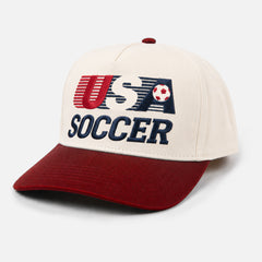Retro beige and red US Soccer Team world cup snapback hat with vintage embroidered 90s USA soccer logo