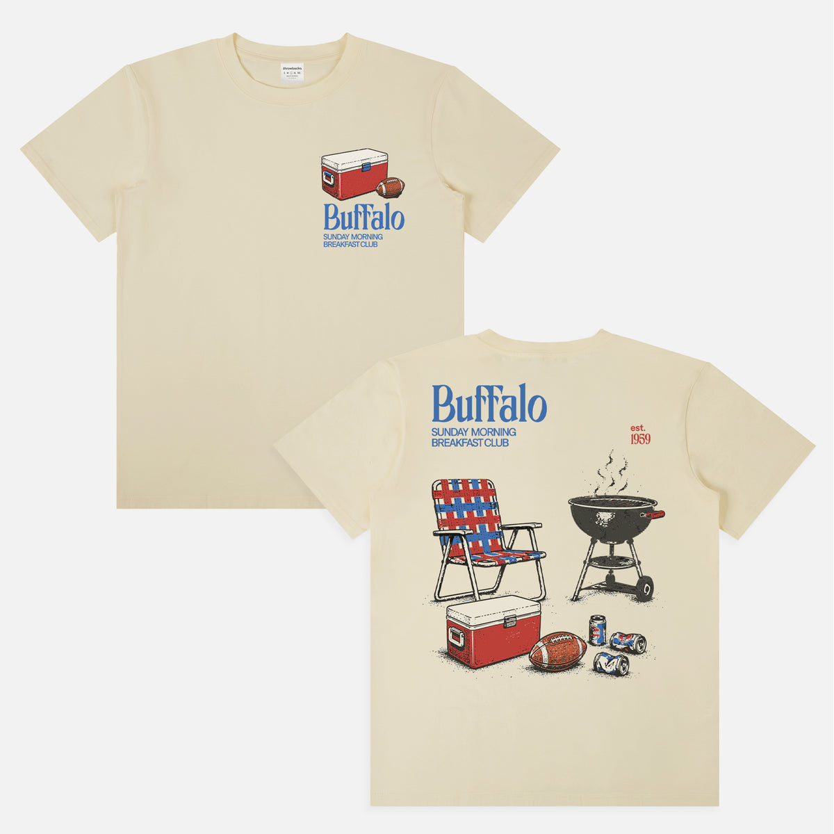 cute vintage Buffalo Bills tailgating shirt for Bills Mafia NFL fans with retro BBQ and cooler graphic on a unisex beige lightweight graphic tee for sale at Throwbacks
