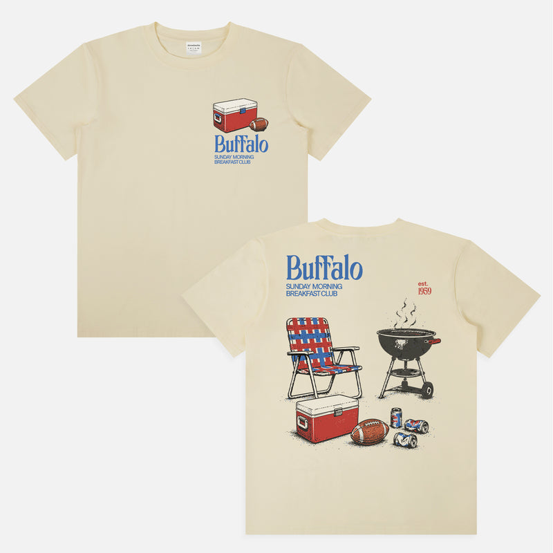 cute vintage Buffalo Bills tailgating shirt for Bills Mafia NFL fans with retro BBQ and cooler graphic on a unisex beige lightweight graphic tee for sale at Throwbacks