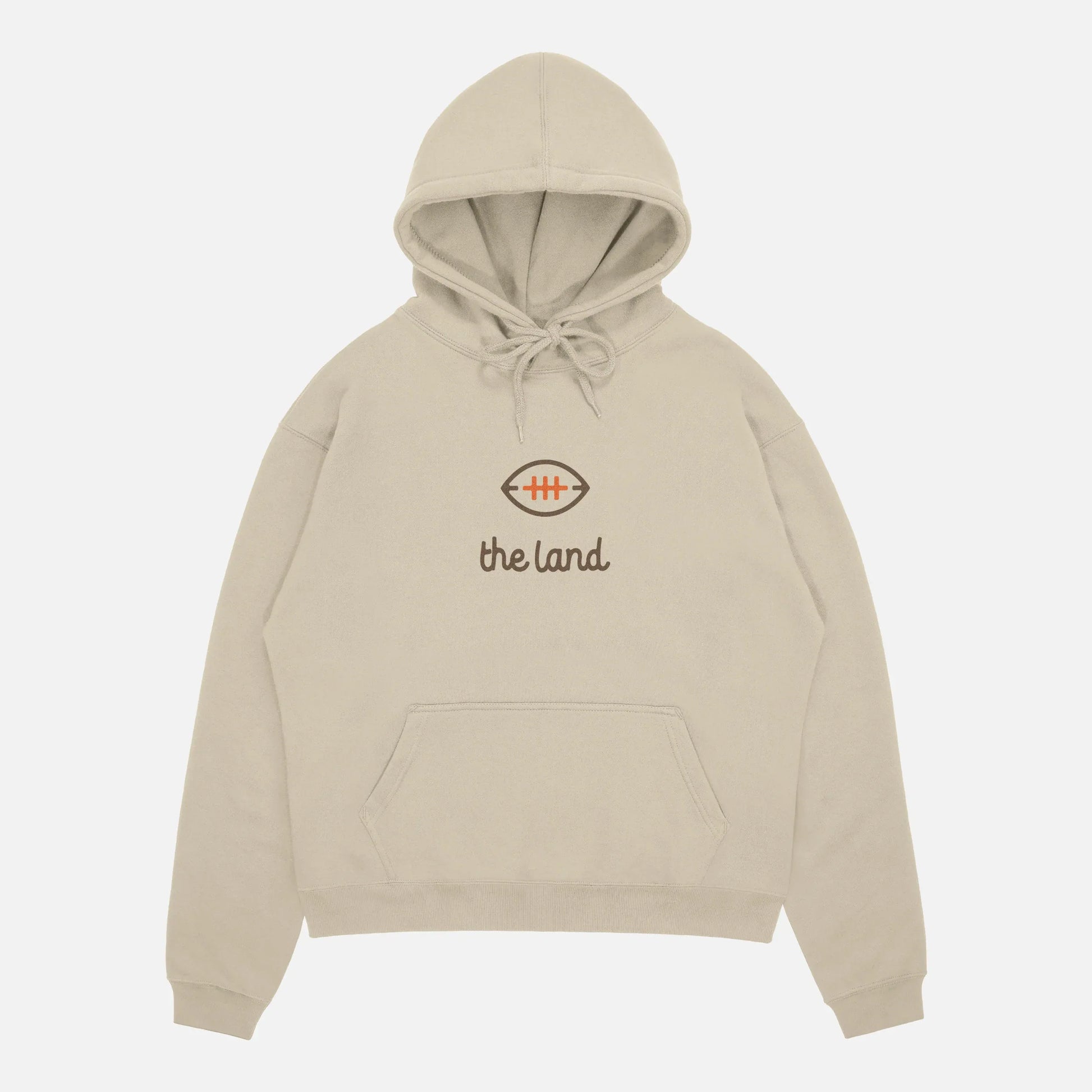 Vintage beige throwback Cleveland Browns "The Land" brown and orange streetwear football hoodie with front and back print