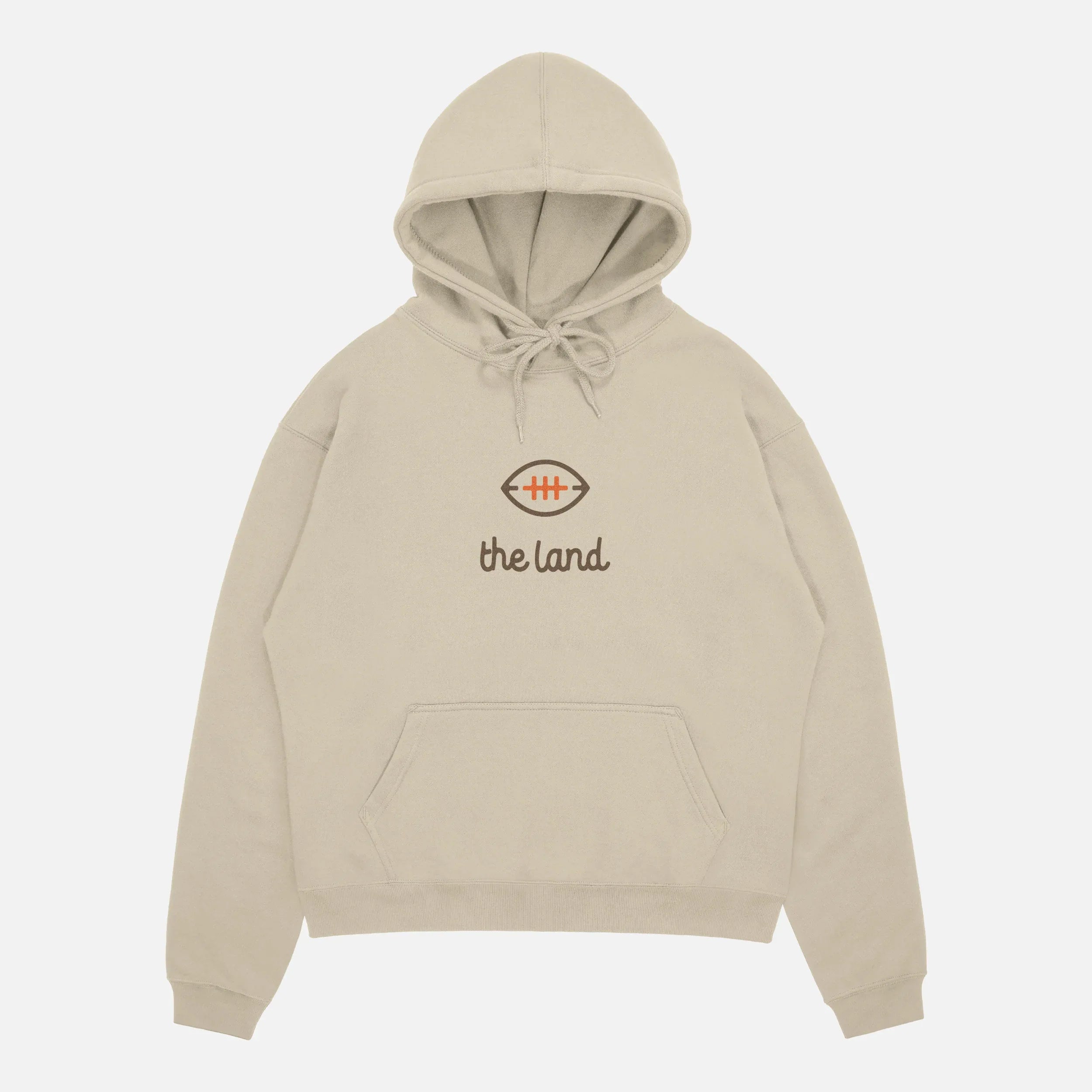 Vintage beige throwback Cleveland Browns "The Land" brown and orange streetwear football hoodie with front and back print