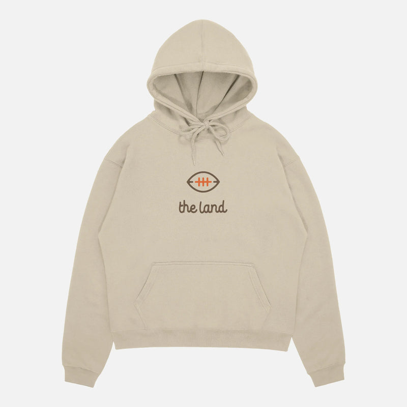 Vintage beige throwback Cleveland Browns "The Land" brown and orange streetwear football hoodie with front and back print