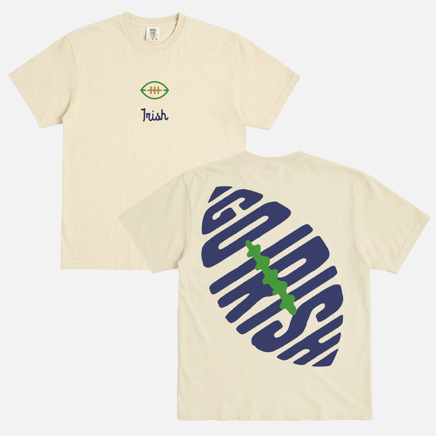 Cute retro Notre Dame college football t-shirt with vintage front and back print on unisex washed beige comfort colors graphic tee