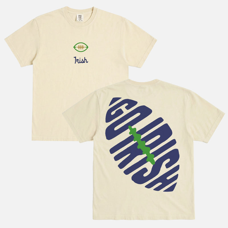 Cute retro Notre Dame college football t-shirt with vintage front and back print on unisex washed beige comfort colors graphic tee