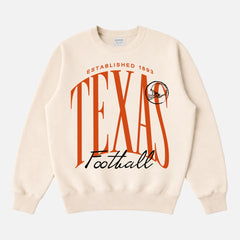 Cute beige Texas Longhorns college football sweatshirt with oversized orange print on unisex crewneck