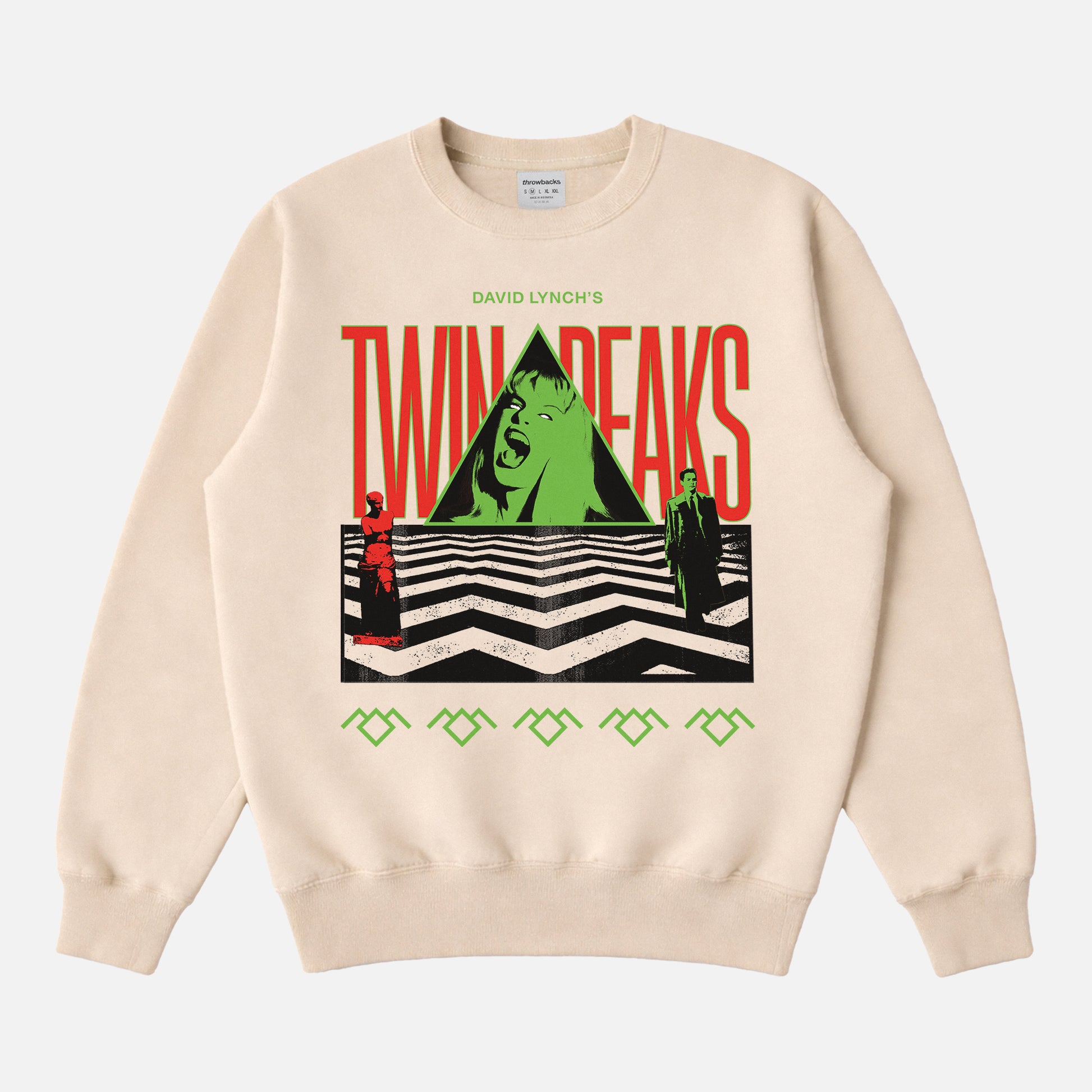 Twin Peaks TV Shows sweatshirt with Laura Palmer rug pattern and david lynch Fire Walk With Me graphics on a unisex beige crewneck
