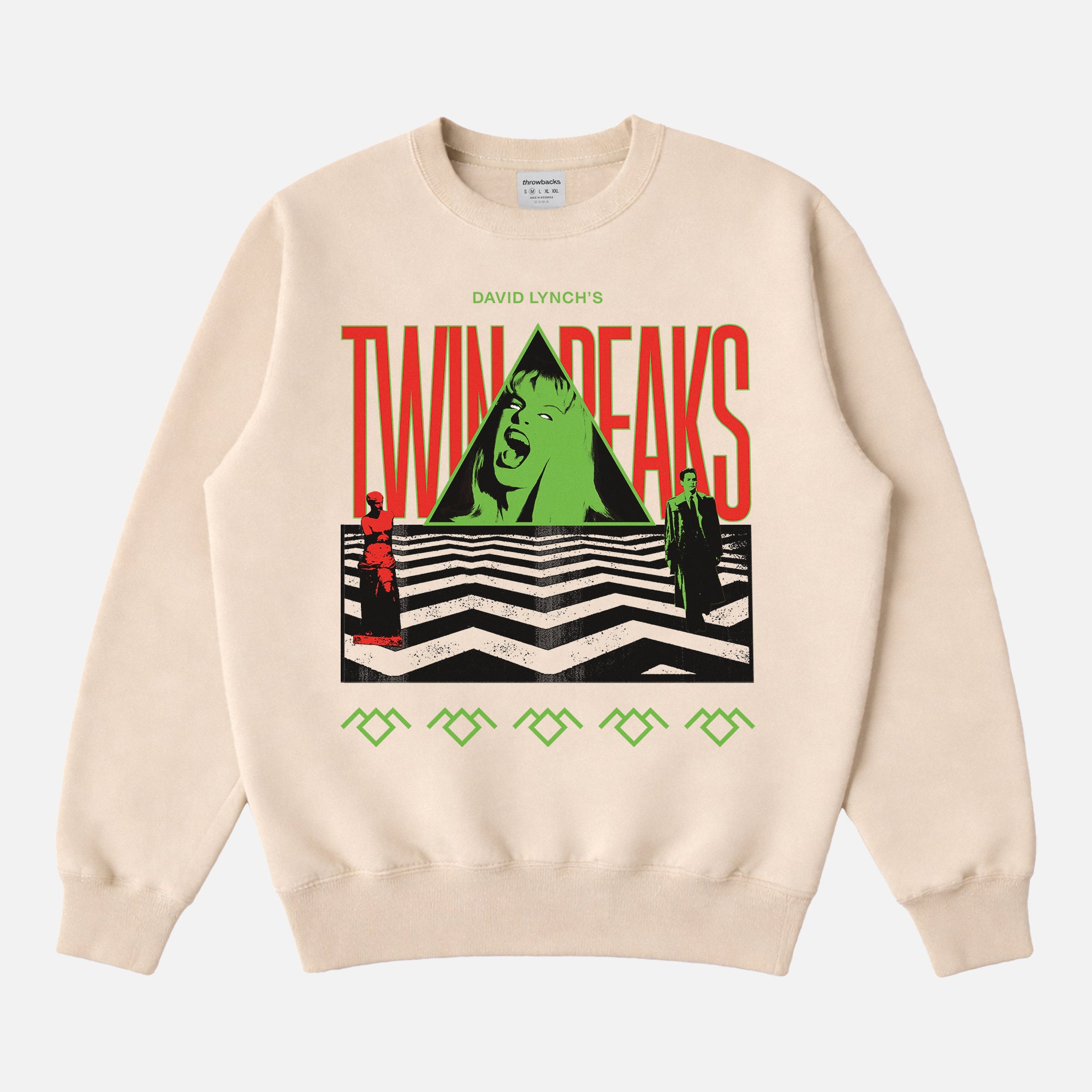 Twin Peaks TV Shows sweatshirt with Laura Palmer rug pattern and david lynch Fire Walk With Me graphics on a unisex beige crewneck