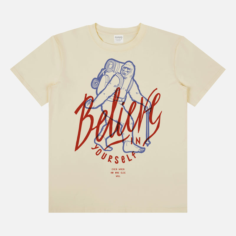 funny sasquatch big foot graphic tee shirt unisex with big foot camping art and Believe In Yourself text