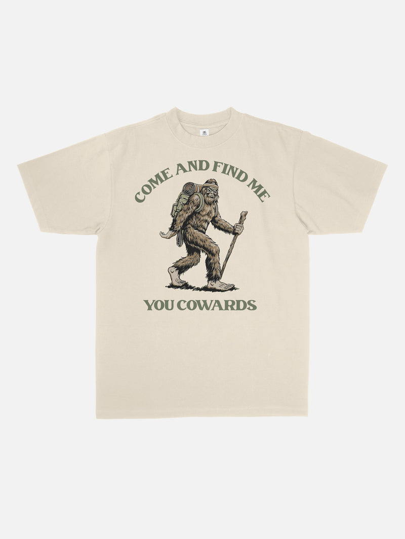 weird random funny big foot come find me you cowards graphic tee