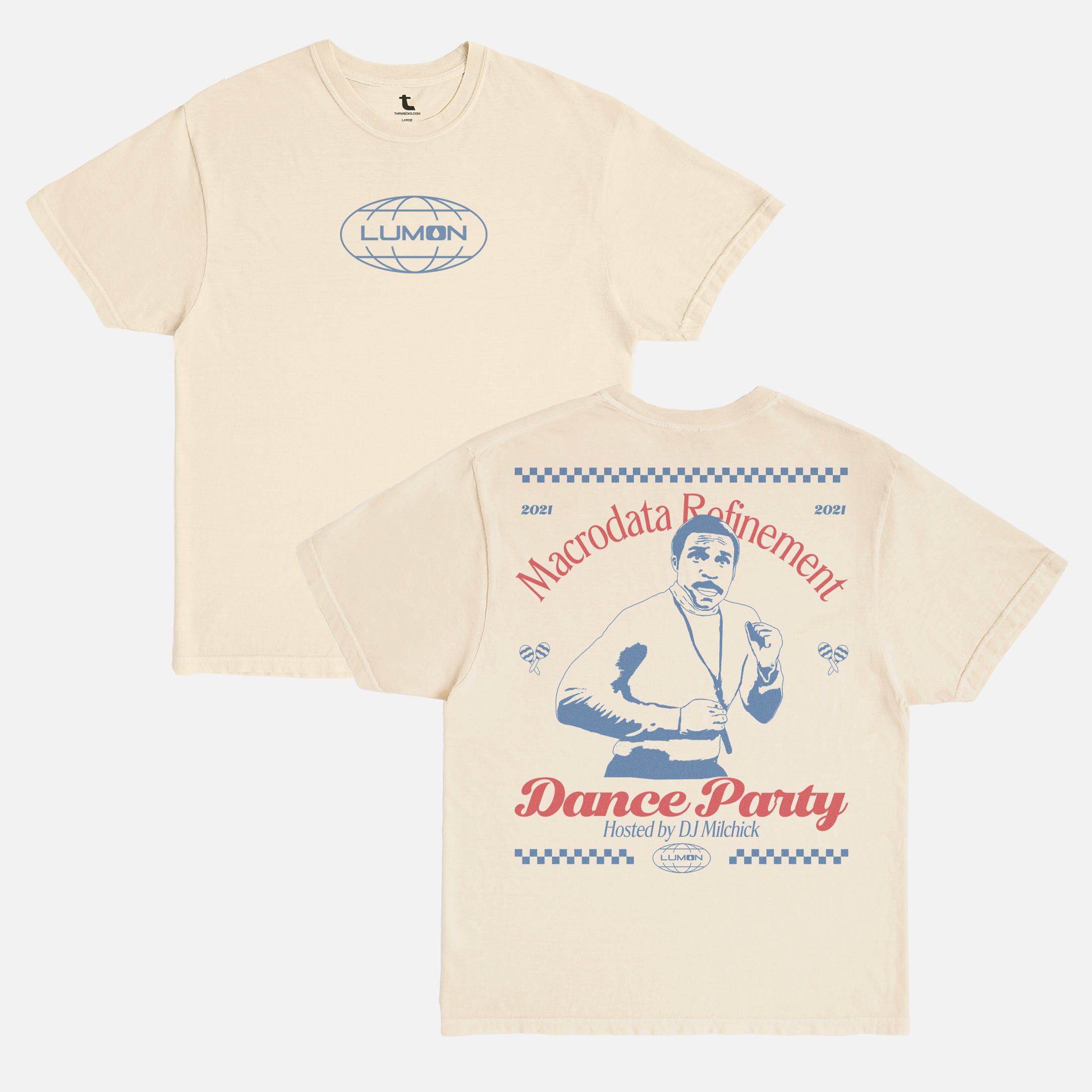 Funny Severance TV show graphic tee, Retro off white comfort colors Lumon macrodata refinement dance party t-shirt with front back print at throwbacks