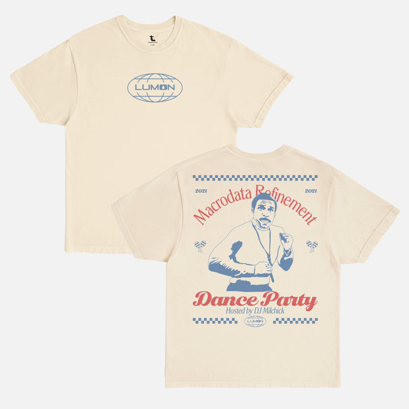 Funny Severance TV show graphic tee, Retro off white comfort colors Lumon macrodata refinement dance party t-shirt with front back print at throwbacks