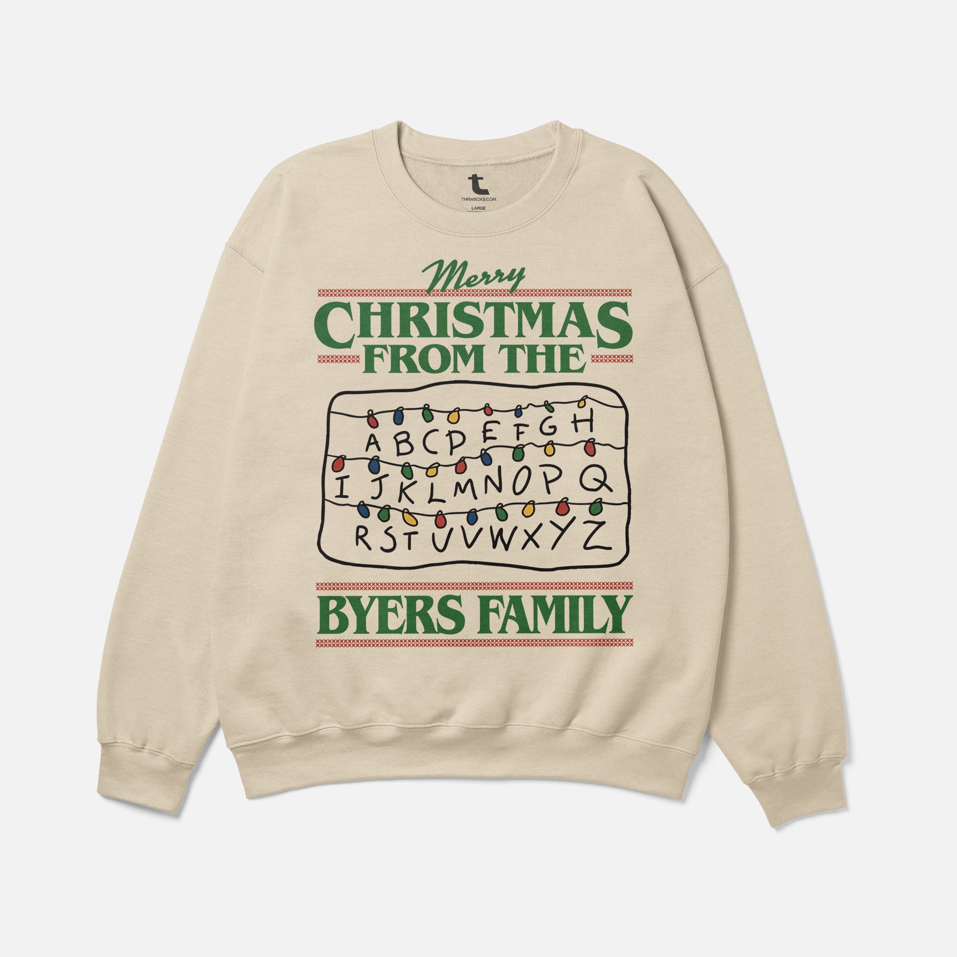 funny stranger things christmas sweatshirt, beige, red, and green Byers Family christmas lights ugly xmas sweater for sale