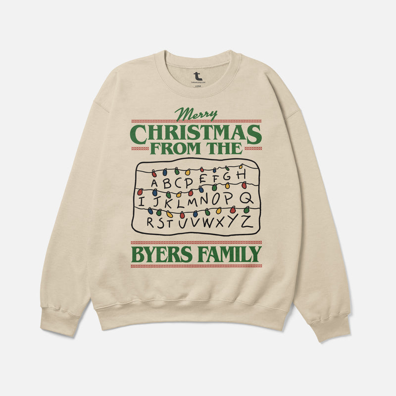 funny stranger things christmas sweatshirt, beige, red, and green Byers Family christmas lights ugly xmas sweater for sale