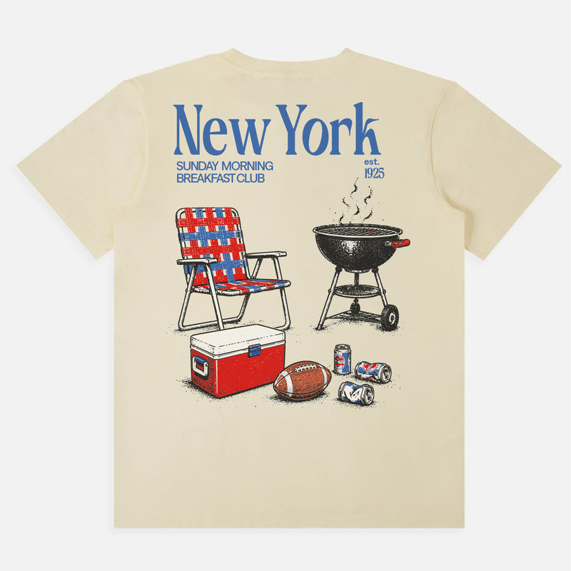 Funny vintage  New York Giants NFL football tailgate t-shirt with front and back retro beer and bbq pit and NYG colors 