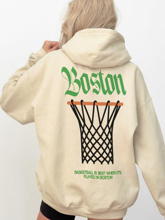 Beige Boston Celtics streetwear hoodie with large oversized back print and blackletter text on a heavyweight hooded sweatshirt for men and women