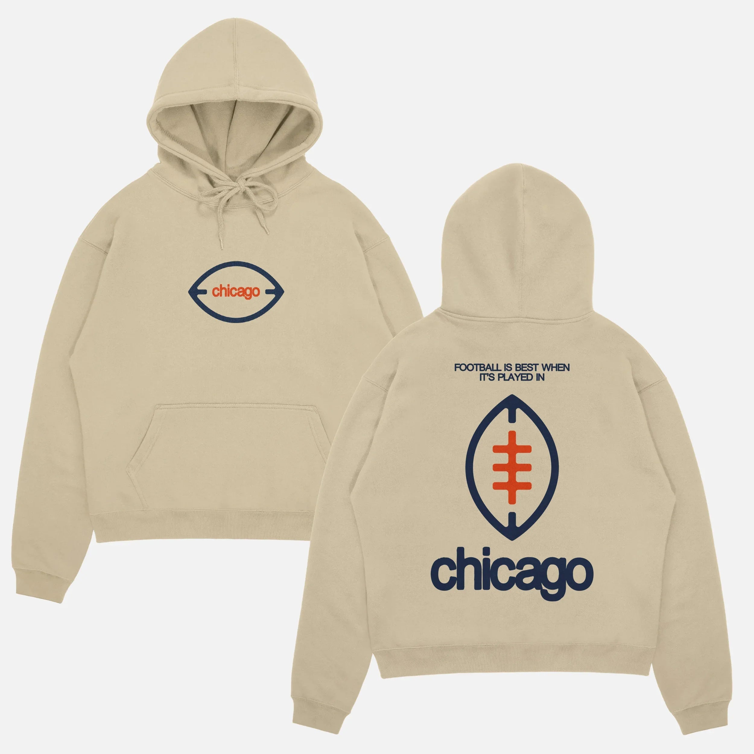 Vintage heavyweight beige off white Chicago Bears football hoodie with oversized full back orange and navy print 
