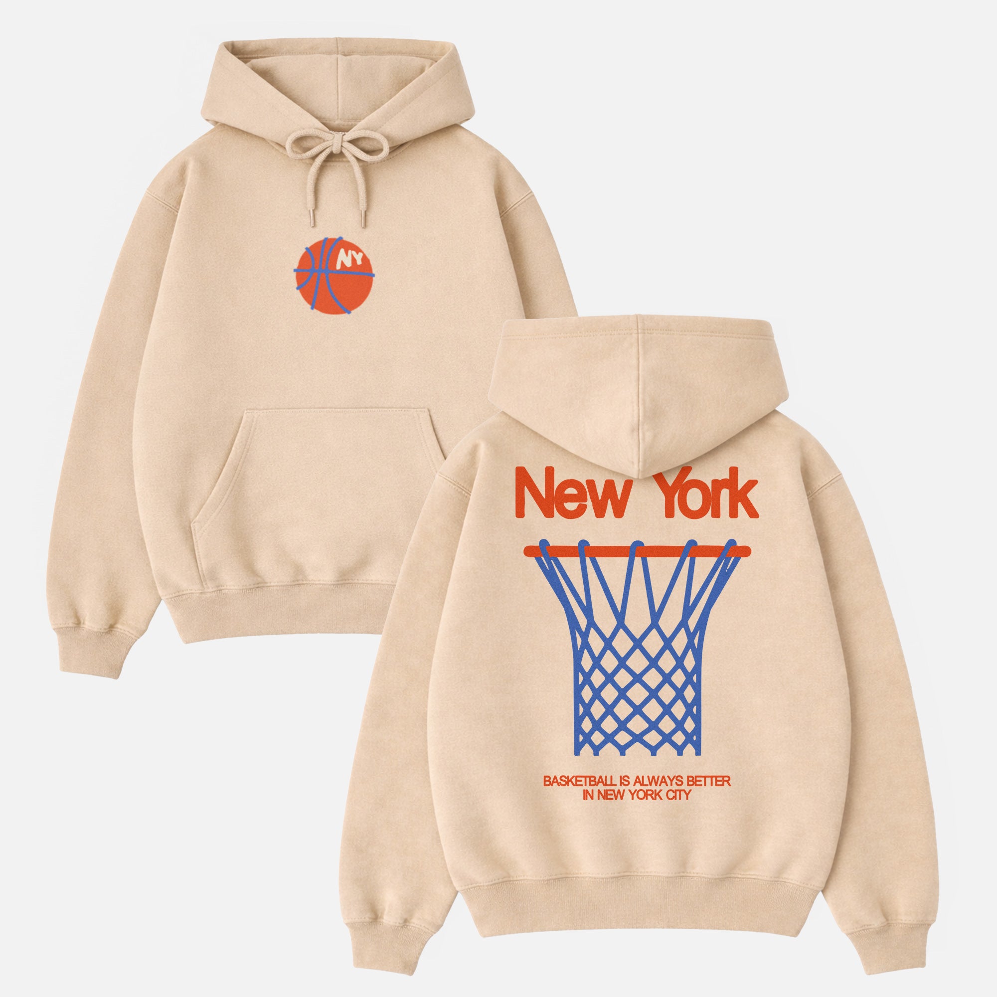 Beige off white New York Knicks streetwear hoodie, retro NY basketball sweatshirt with royal blue and orange front and back print