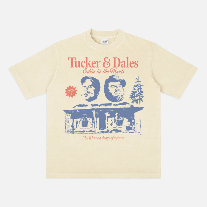 Funny Tucker & Dale Vs evil movie t-shirt, beige off white cult classic comedy horror movie graphic tee