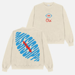 Unisex  oversized retro Ole Miss Rebels football sweatshirt, beige off-white crewneck with vintage red and light blue front and back streetwear graphics