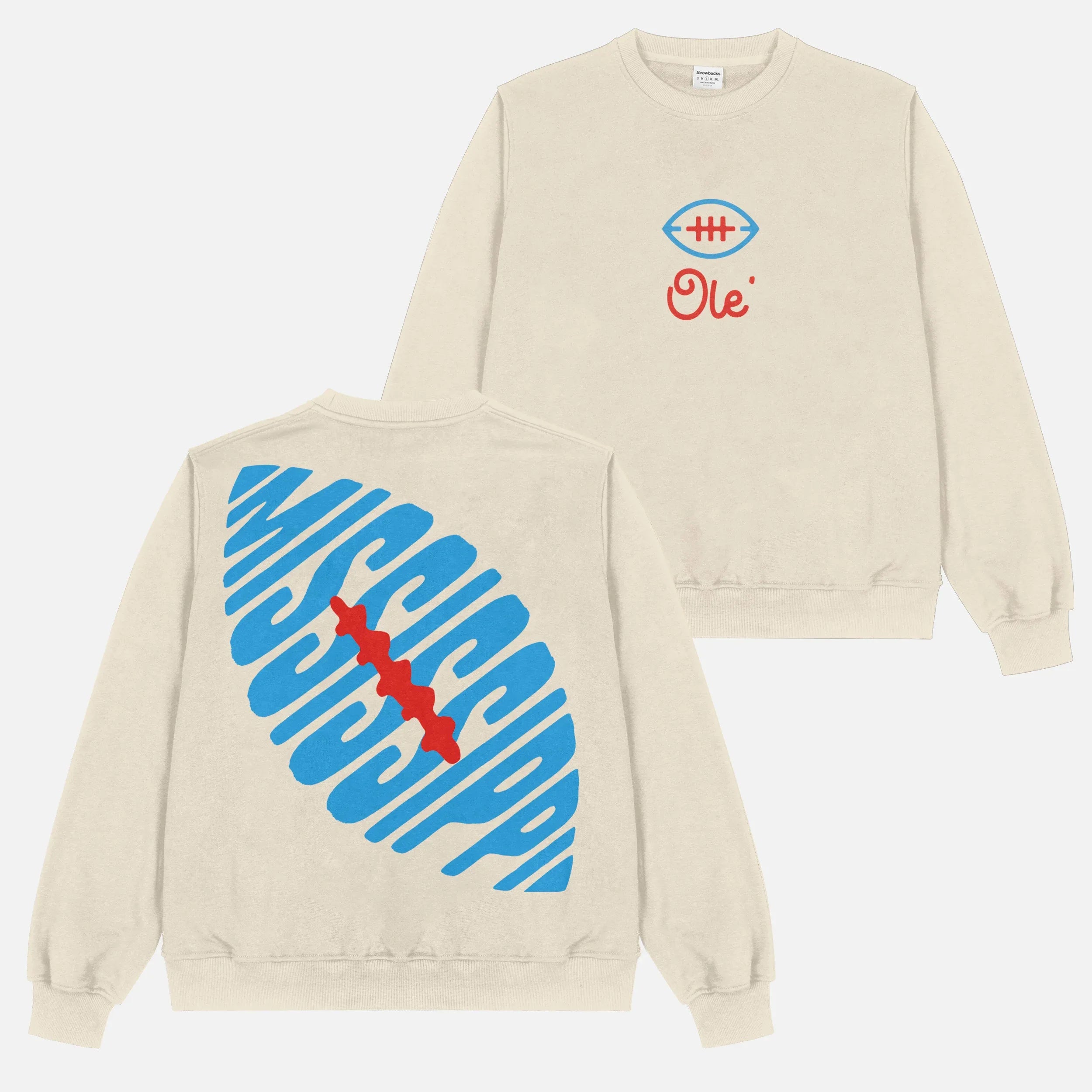Unisex  oversized retro Ole Miss Rebels football sweatshirt, beige off-white crewneck with vintage red and light blue front and back streetwear graphics