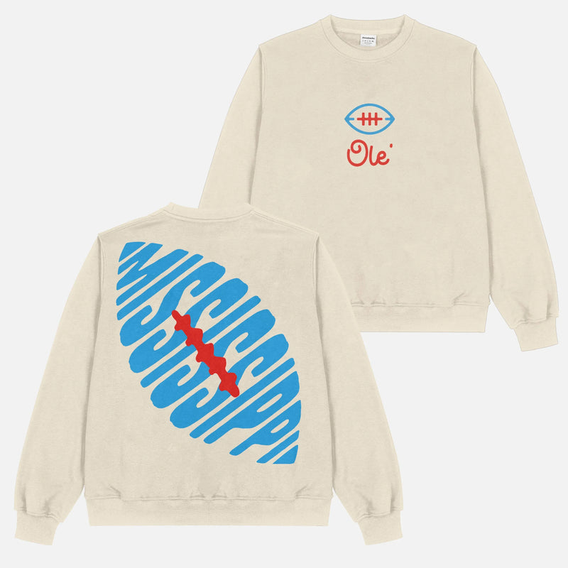 Unisex  oversized retro Ole Miss Rebels football sweatshirt, beige off-white crewneck with vintage red and light blue front and back streetwear graphics