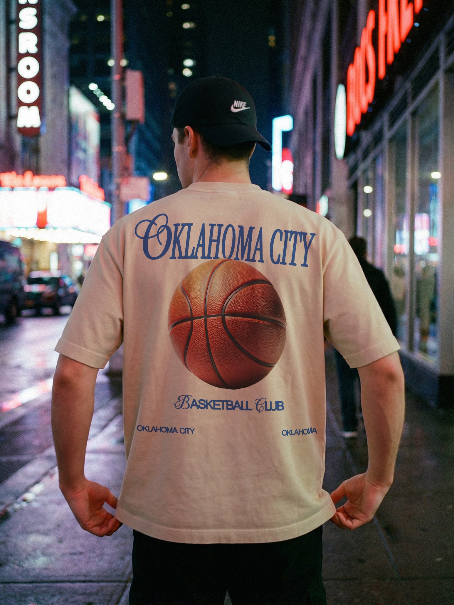 Vintage Oklahoma City Thunder OKC basketball streetwear t-shirt with front and back print on an off white comfort colors shirt