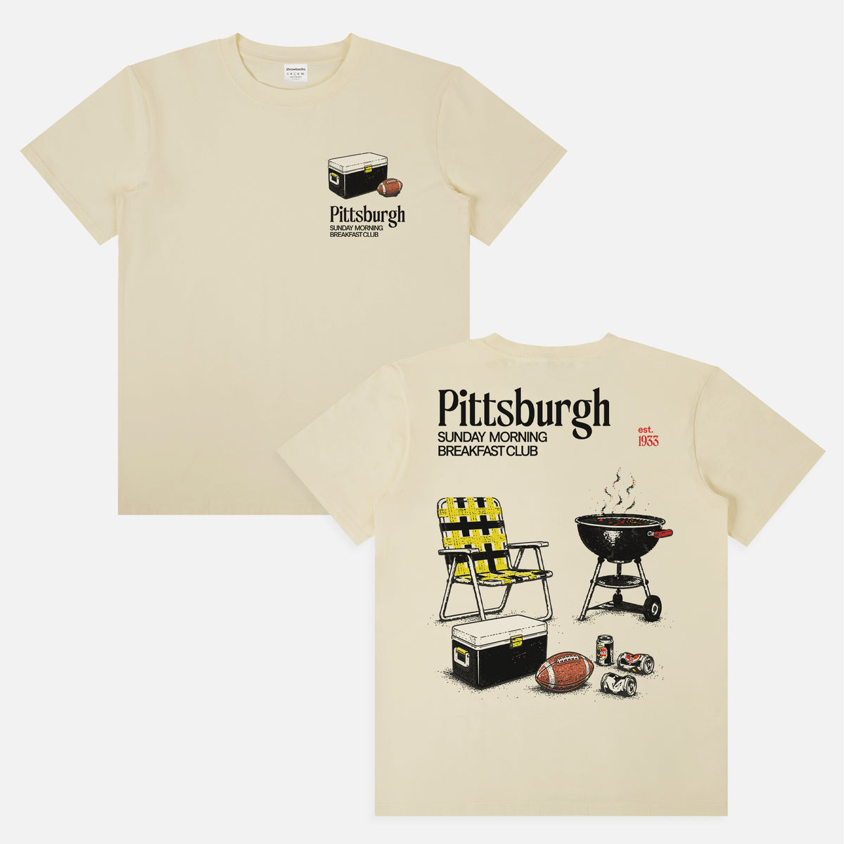 Funny beige  Pittsburgh Steelers NFL football tailgate t-shirt with retro beer and bbq pit