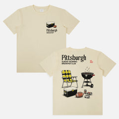 Funny beige  Pittsburgh Steelers NFL football tailgate t-shirt with retro beer and bbq pit