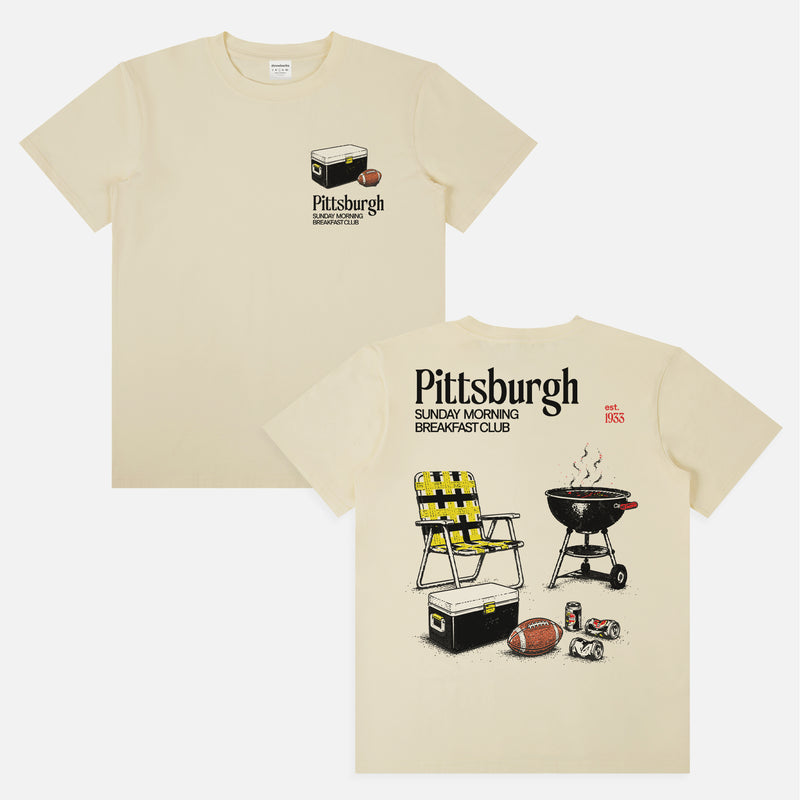 Funny beige  Pittsburgh Steelers NFL football tailgate t-shirt with retro beer and bbq pit
