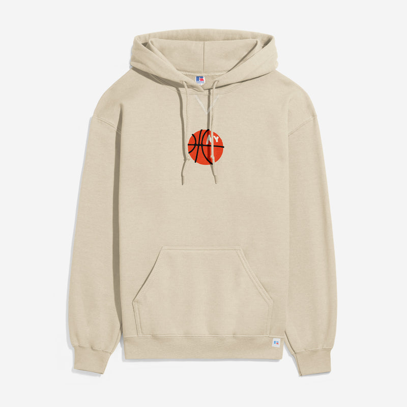 New York Knicks streetwear hoodie, retro beige NY basketball sweatshirt with front and back print