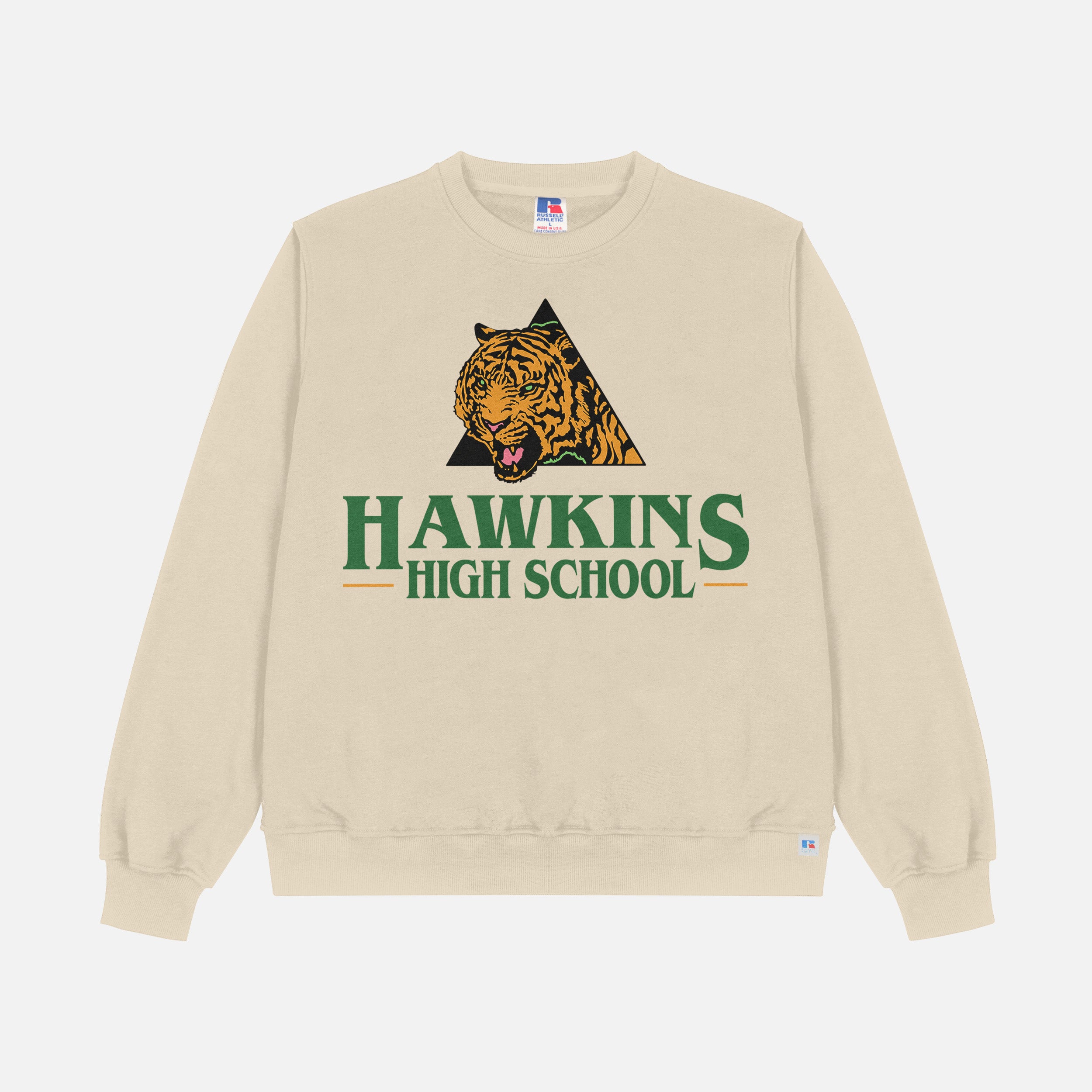 Retro beige oversized Stranger Things Hawkins High School Tigers sweatshirt, retro basketball athletics Stranger Things crewneck apparel for sale at Throwbacks