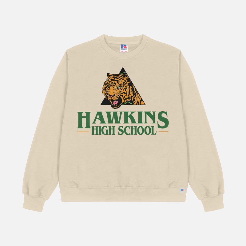 Retro beige oversized Stranger Things Hawkins High School Tigers sweatshirt, retro basketball athletics Stranger Things crewneck apparel for sale at Throwbacks