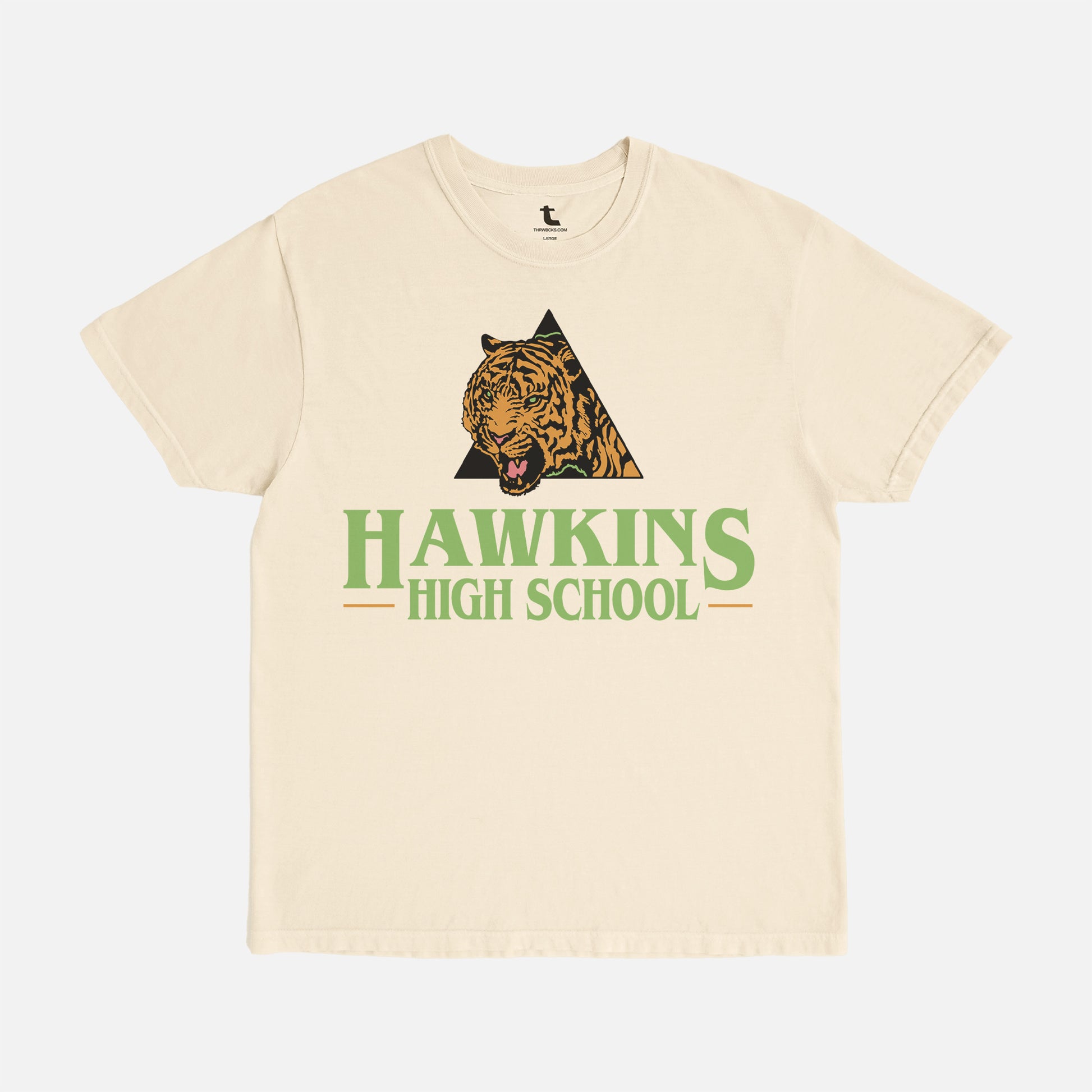 Retro Stranger Things Hawkins High School Tigers athletics graphic tee shirt, vintage faded distressed beige and green TV show t-shirt for men and women for sale at Throwbacks