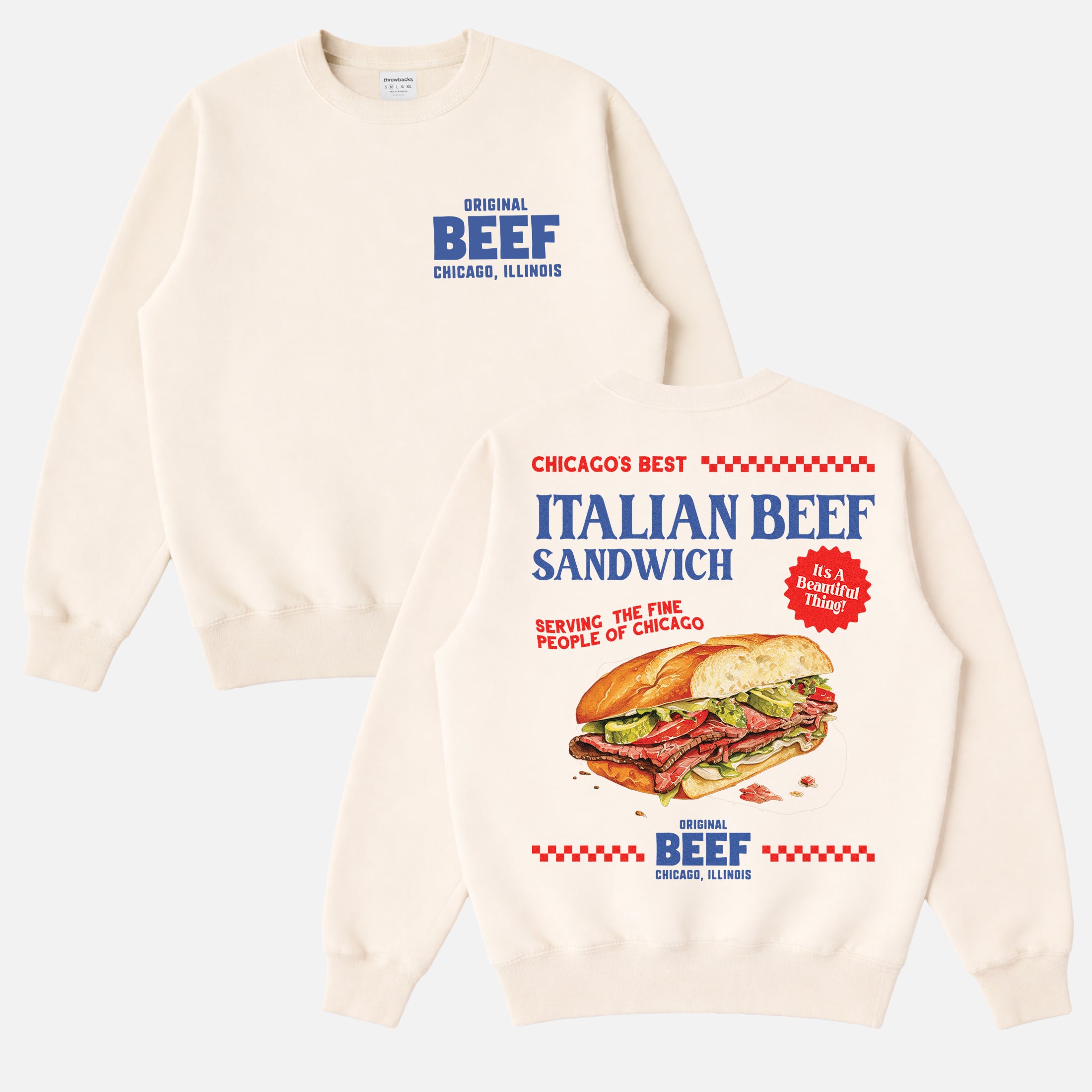 The Bear TV Show sweatshirt with The Original Beef of Chicagoland logo on the front and an oversized retro Italian beef sandwich ad graphic on the back of a beige unisex sweater for sale at Throwbacks